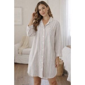 L.L.Bean Striped Shirt Dress Cotton Sleep Shirt‎ Button Front Large